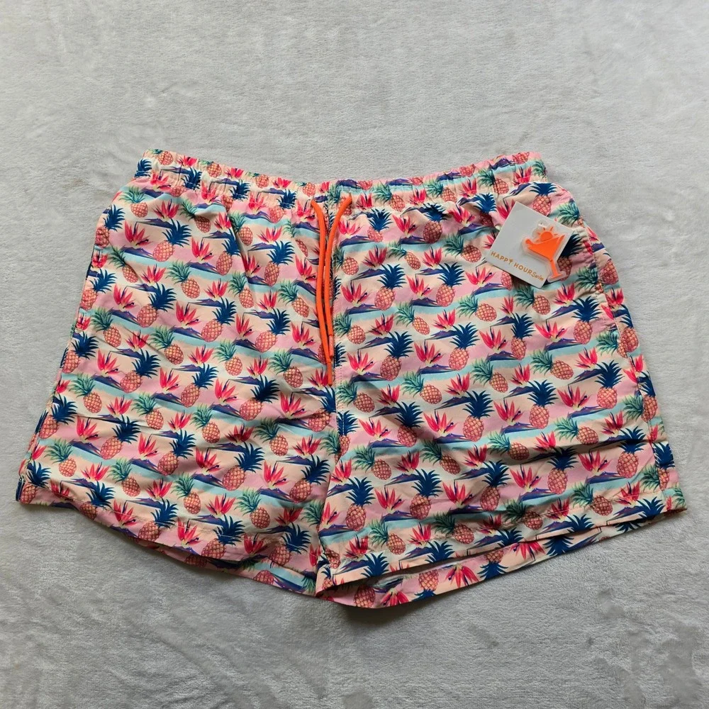 Happy Hour Swim Trunks Mens XL‎ Pink Pineapple Tropical Floral Pina Colada NEW
